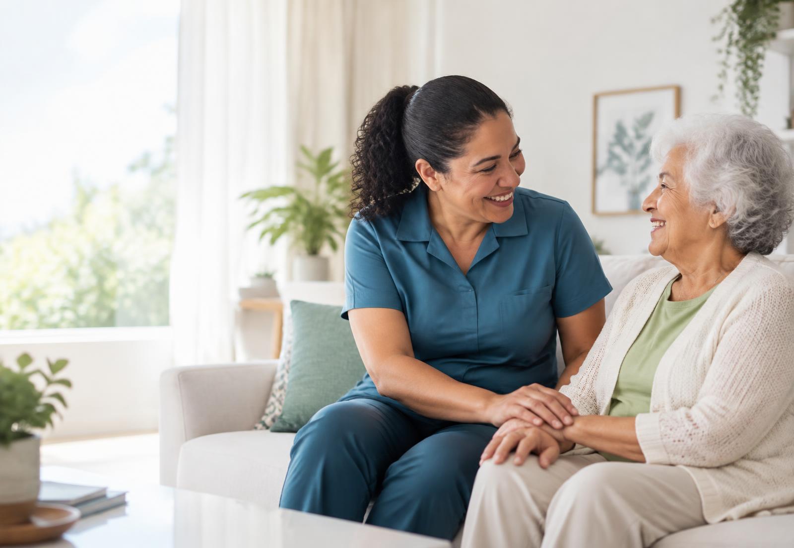 Cuidadora conversando com uma senhora em sua casa